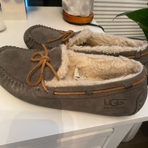 Gray UGG moccasin slippers. In good condition with clean fur.